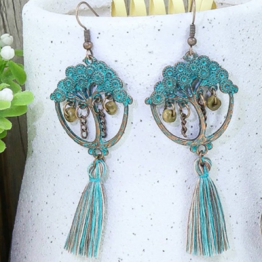 Tree of Life Dangling Tassel Earrings Costume Jewelry Copper Blue Patina - Picture 4 of 7